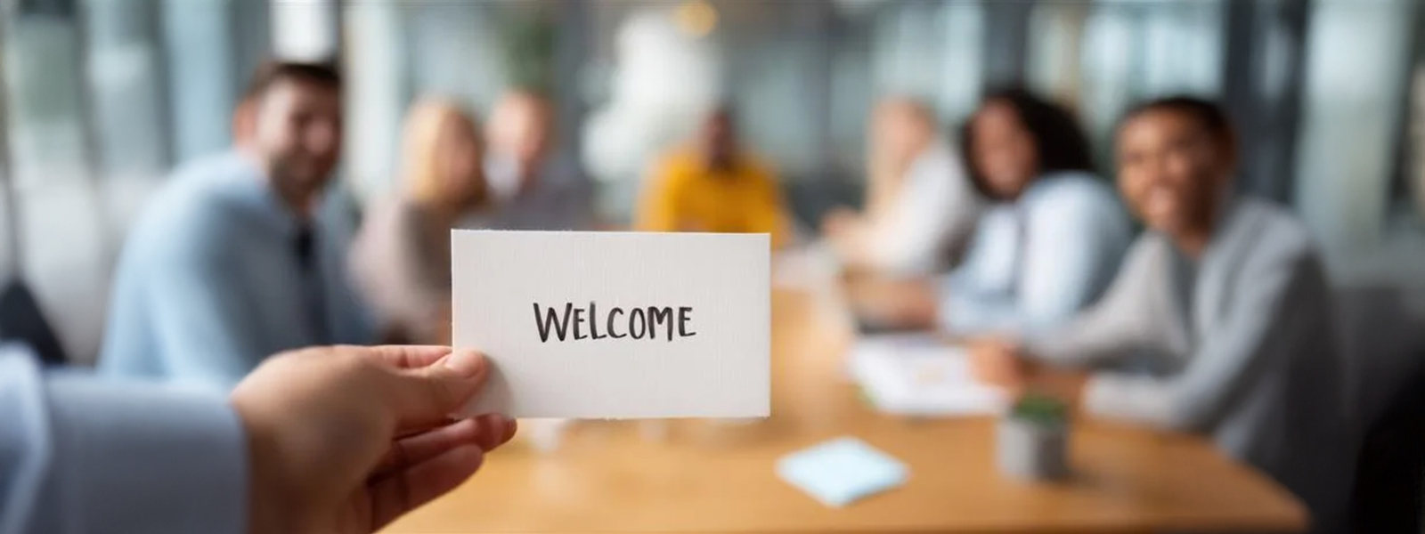 Stockimage Hand die einen Zettel mit der Aufschrift "Welcome" haltet.